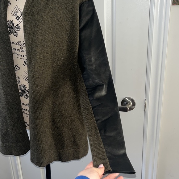 Danier Olive Cozy Cardigan with Leather Sleeves - Picture 2 of 7